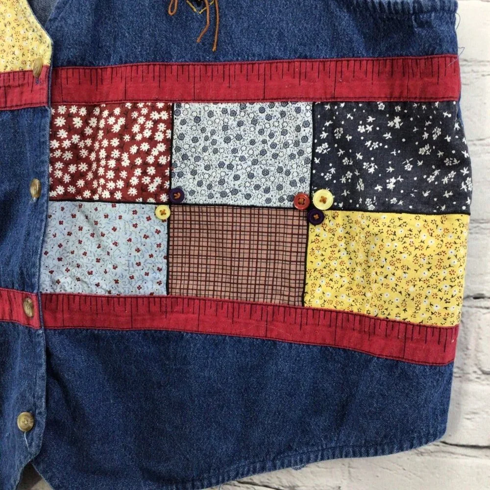 Vtg 80's Denim Vest Womens Sz‎ XL Sewing Theme Cottage Core Kitschy Grannycore